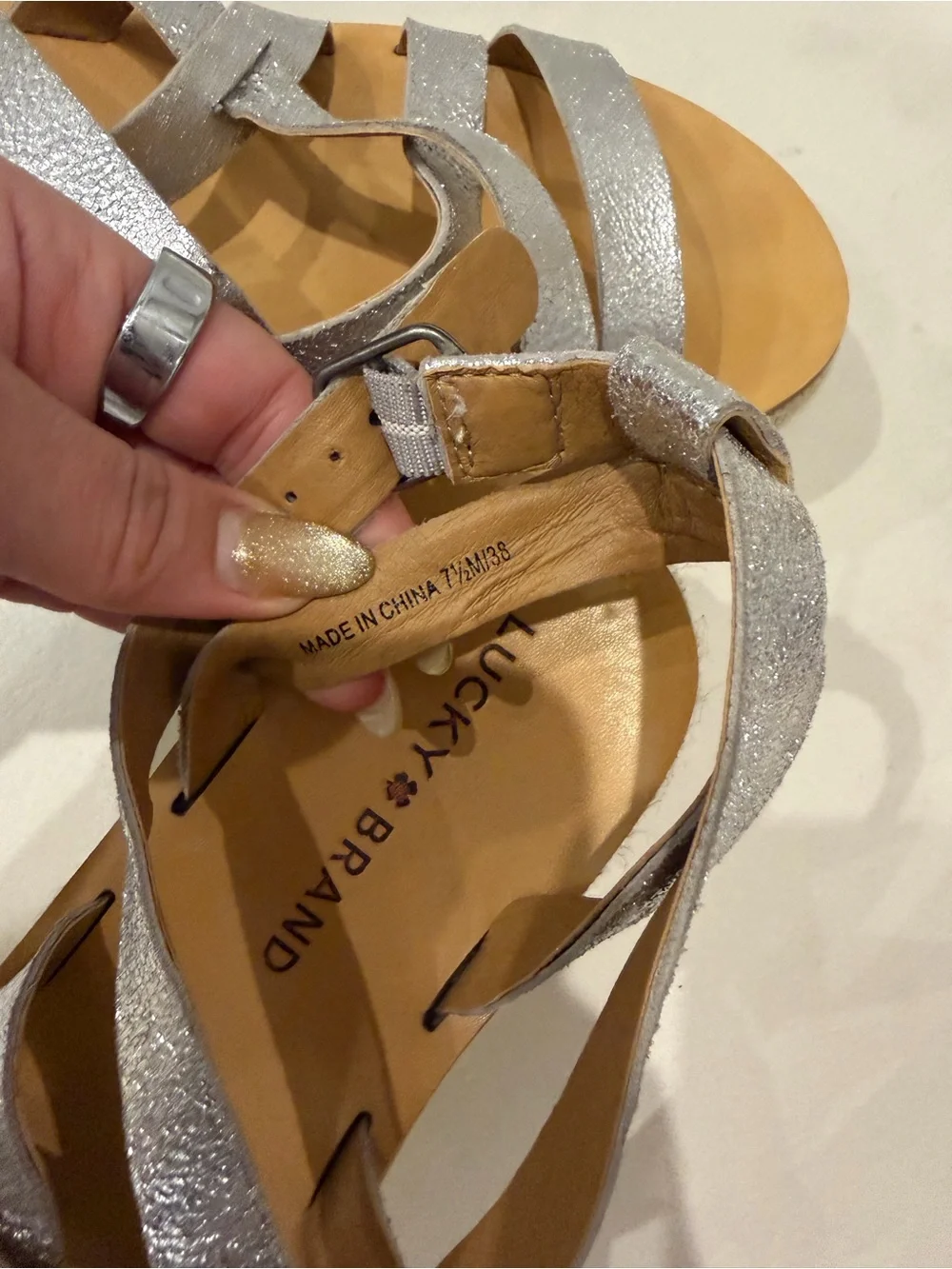 Lucky Brand Silver Metallic Strappy Espadrille Wedge Sandals